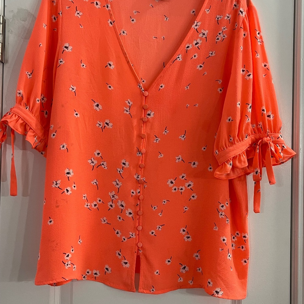 Women’s button up blouse(short sleeve, ORANGE  w/print